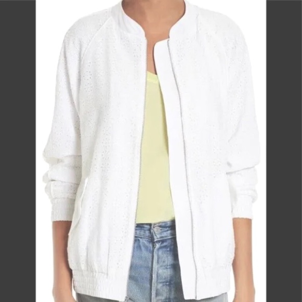 EQUIPMENT FEMME Kendrix Eyelet Silk Lace Bomber Jacket (Size XS)